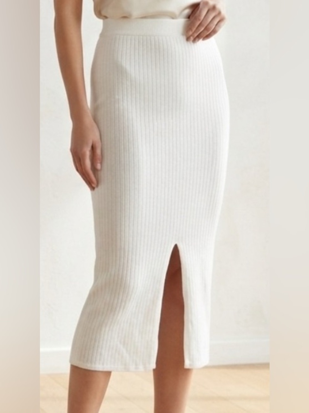 Free People White Ribbed Midi Skirt with Front Slit